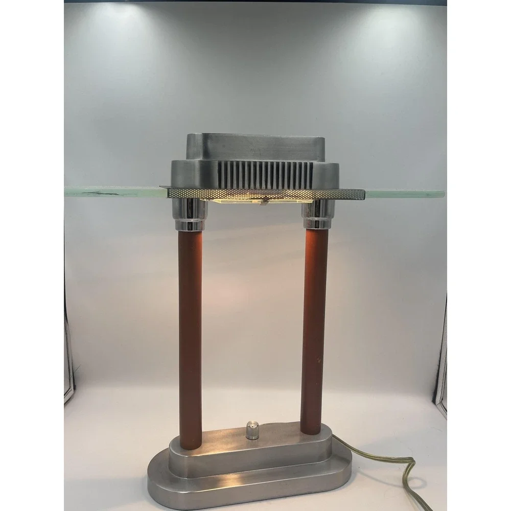 Vintage Art Neo Deco Modernist Table Lamp Frosted Glass Aluminum Post UL E127520 - Picture 1 of 8